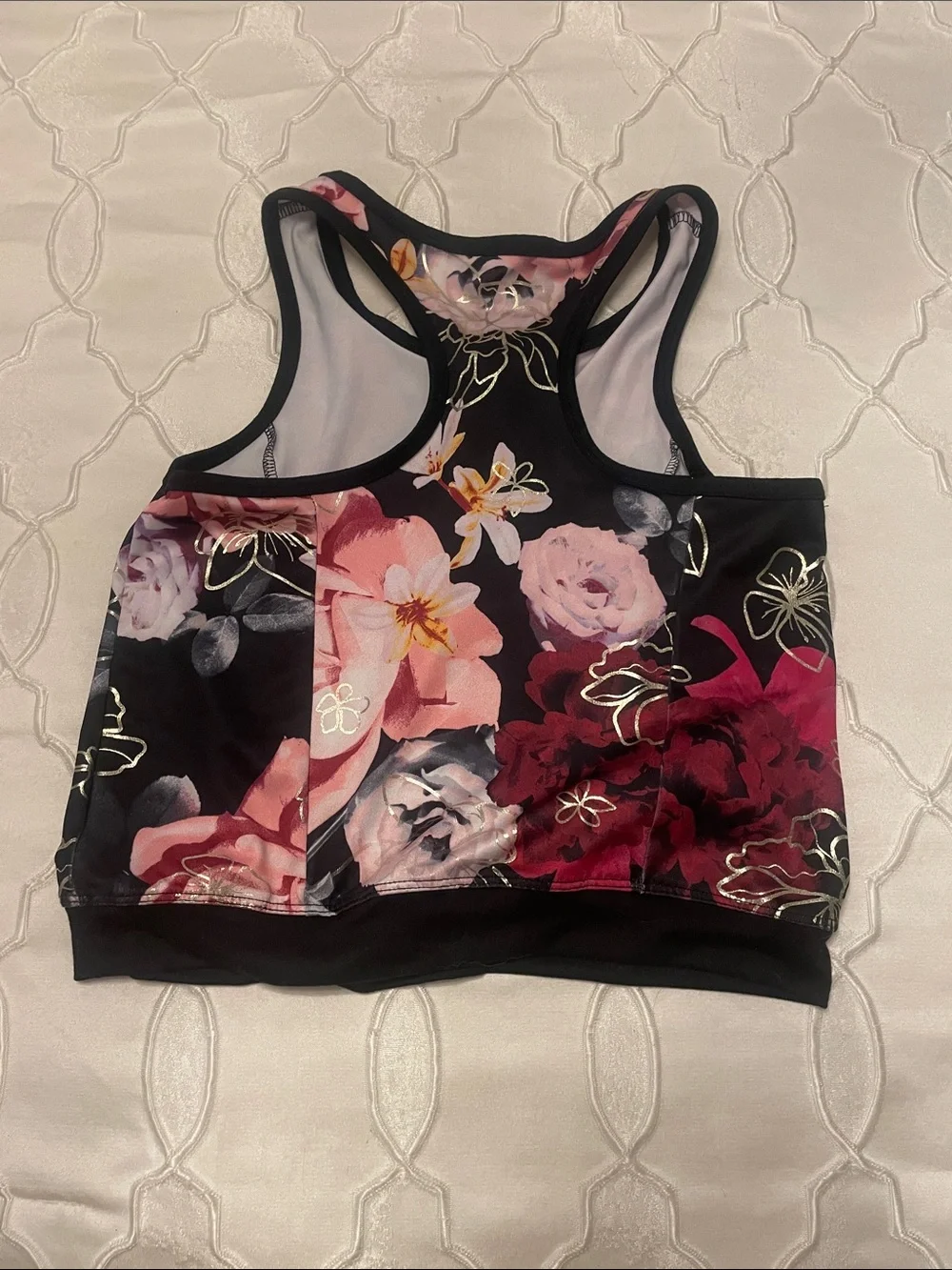Justice Black Floral Zip Crop Tank with metalic Accents